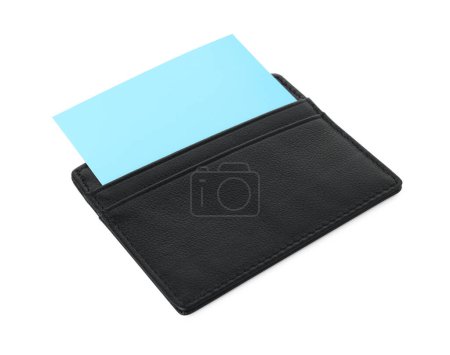 Téléchargez les photos : Porte-cartes de visite noir avec carte blanche isolée sur blanc - en image libre de droit