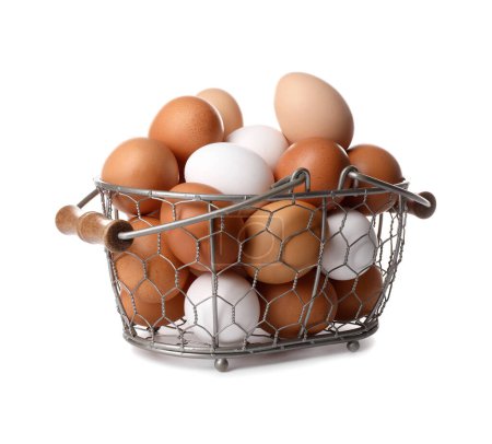 Photo for Fresh chicken eggs in metal basket isolated on white - Royalty Free Image
