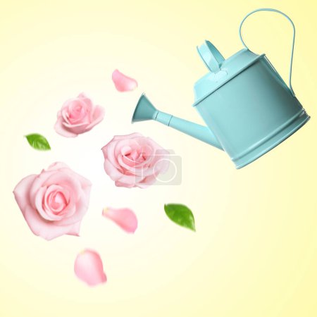 Watering can and pink peonies in air on pale yellow background