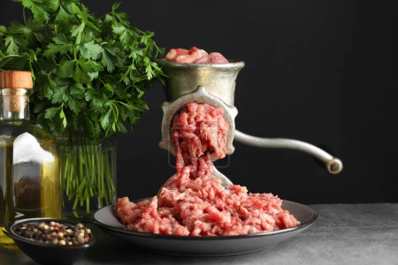 Manual meat grinder with beef mince, spices, oil and parsley on grey table