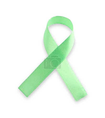 Light green awareness ribbon isolated on white, top view