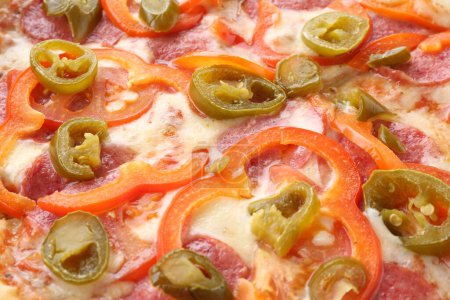 Delicious hot pizza Diablo as background, closeup