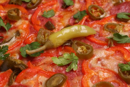 Delicious hot pizza Diablo as background, closeup