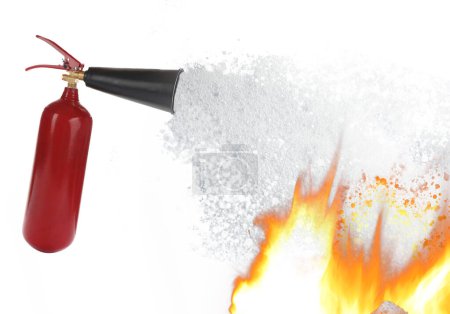 Fire extinguisher and flame on white background