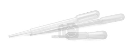Three clean transfer pipettes isolated on white, top view