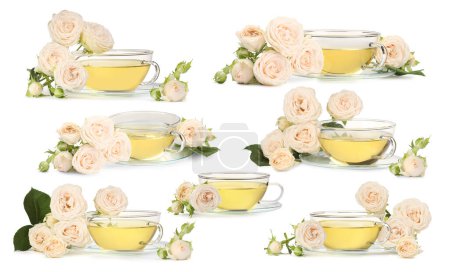 Delicioso té de hierbas en tazas y hermosas flores sobre fondo blanco, conjunto