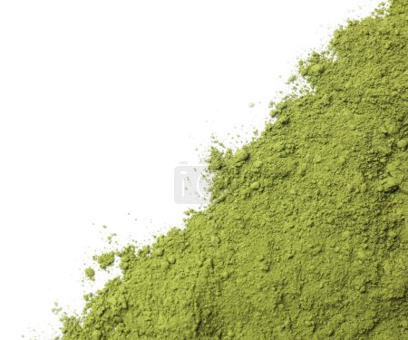 Green matcha powder isolated on white, top view