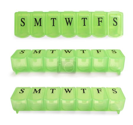 Green pill organizer isolated on white, views from different angles