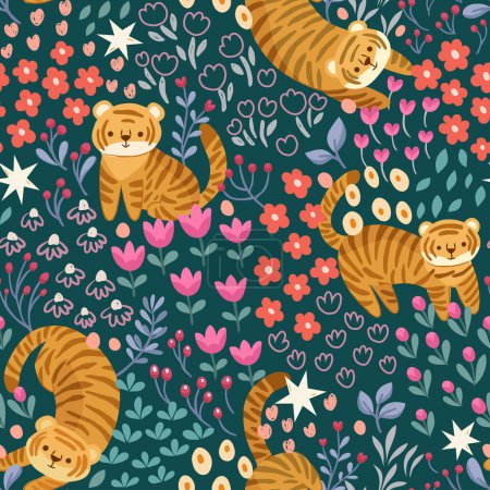 Téléchargez les illustrations : Beautiful  pattern with flowers and tigers,  web illustration - en licence libre de droit