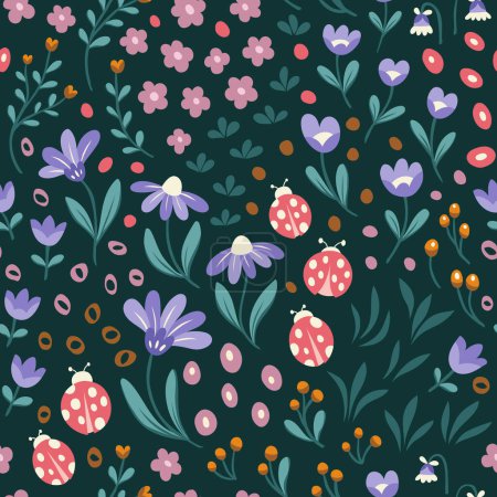 Ilustración de Beautiful  pattern with flowers and ladybugs - Imagen libre de derechos