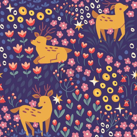 Illustration for Cute seamless pattern with deer and floral elements. Vector illustration with cartoon drawings for print, fabric, textile. - Royalty Free Image