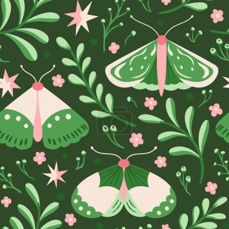 Illustration for Seamless vector pattern with flowers, moths and butterflies. Cute hand drawn illustration. Modern folk repeat texture for fashion print, wallpaper or fabric. - Royalty Free Image