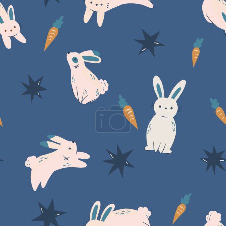 Illustration for Cute seamless pattern with rabbits elements. Vector illustration with cartoon drawings for print, fabric, textile. - Royalty Free Image