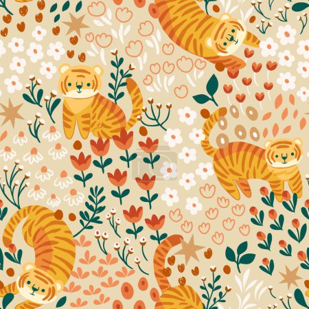 Illustration for Vector seamless pattern with cute tiger and botanical elements. Hand drawn illustration with cartoon style for print, fabric, textile. - Royalty Free Image