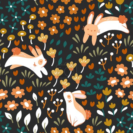 Ilustración de Patrón sin costuras con conejos lindos. ilustración web - Imagen libre de derechos