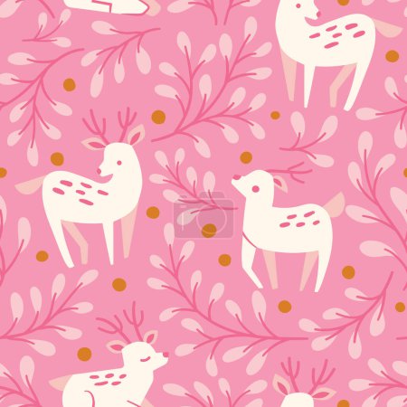Illustration for Cute seamless pattern with deer and floral elements. Vector illustration with cartoon drawings for print, fabric, textile. - Royalty Free Image