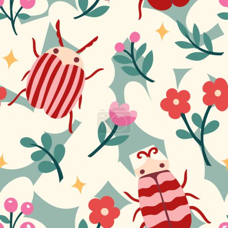 Téléchargez les illustrations : Motif floral sans couture avec des insectes mignons. illustration web - en licence libre de droit