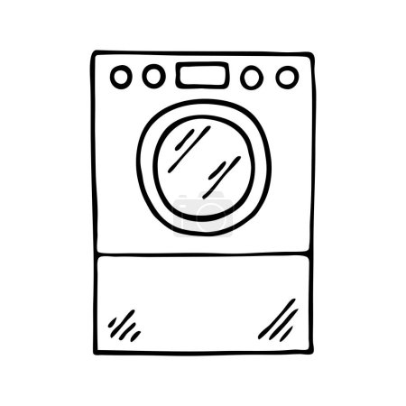 Illustration for Washing machine sketch. Household appliances for washing linen and clothes. Vector black and white isolated illustration. Hand drawn outline - Royalty Free Image