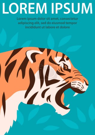 Illustration for Angry tiger growls and bares its teeth. Bengal or Amur tiger. Head portarit. Big wild cat. Strong striped animal predator. Fauna and zoo. Design for poster, banner, website. Flat vector illustration - Royalty Free Image
