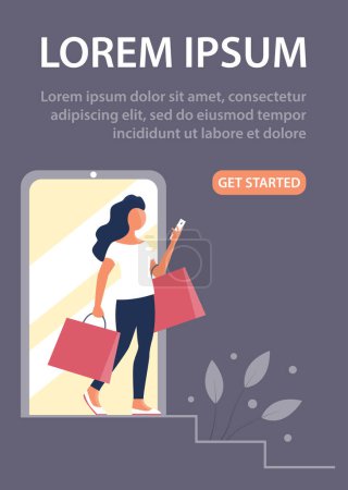 Illustration for A beautiful girl goes shopping and talks on the phone. In the hands of the packages. Buy online concept. Design for poster, banner, website. Vector flat illustration - Royalty Free Image
