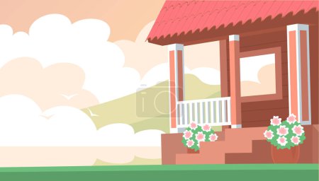 Illustration for Cute porch of a wooden country house. Shore of the lake with clouds. Beautiful landscape. Cartoon vector illustration for background - Royalty Free Image