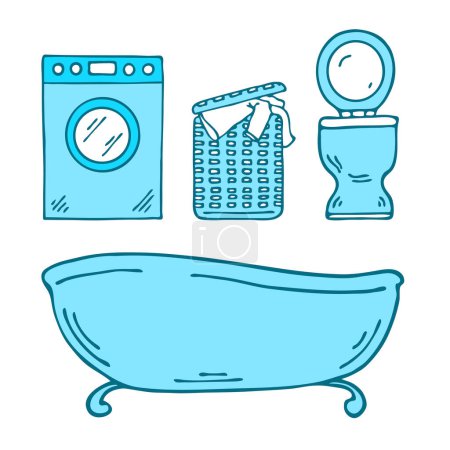 Illustration for Bathroom and toilet, objects set. Washing machine, laundry basket, toilet and bathtub. Cartoon vector illustration isolated on white background. Outline hand drawn sketch - Royalty Free Image