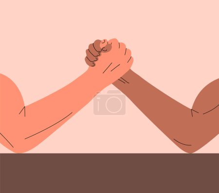Illustration for Two men in arm wrestling battle. Two strong muscular hands. Sports competition. Muscle strength. Flat vector illustration - Royalty Free Image