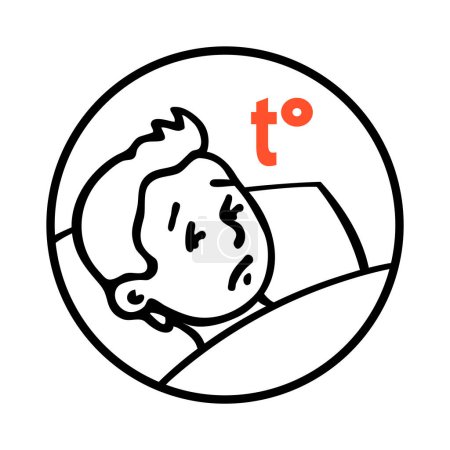 Ilustración de Niño yace en la cama con alta temperatura. Enfermedad de resfriado viral, un síntoma de la enfermedad. Pediatría y tratamiento. Dibujos animados ilustración de arte vectorial. Bosquejo dibujado a mano blanco y negro - Imagen libre de derechos