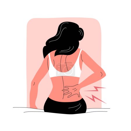 Téléchargez les illustrations : Une femme souffrant de maux de dos est assise sur un lit. Symptôme de la maladie. Soins du corps et santé. Illustration vectorielle plate isolée sur fond blanc - en licence libre de droit