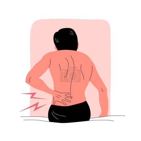 Ilustración de Un hombre con dolor de espalda se sienta en una cama - Imagen libre de derechos