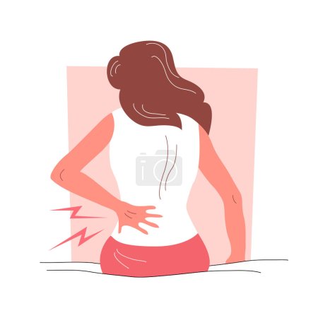 Ilustración de A woman with back pain sits on a bed. Symptom of the disease. Body care and health. Flat vector illustration isolated on white background - Imagen libre de derechos