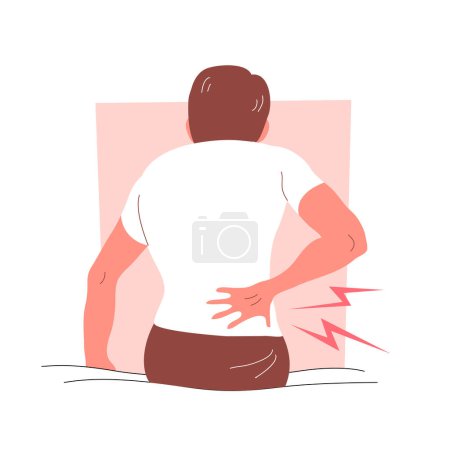 Illustration for A man with back pain sits on a bed - Royalty Free Image