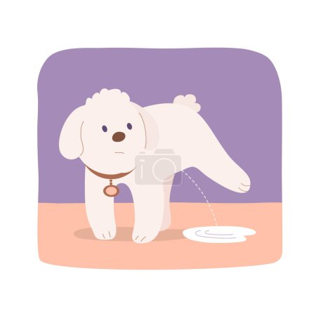 Illustration for Little cute home dog pissing on the floor. Puddle of urine at home. Bad thing. Friendly funny pet. Flat vector illustration - Royalty Free Image