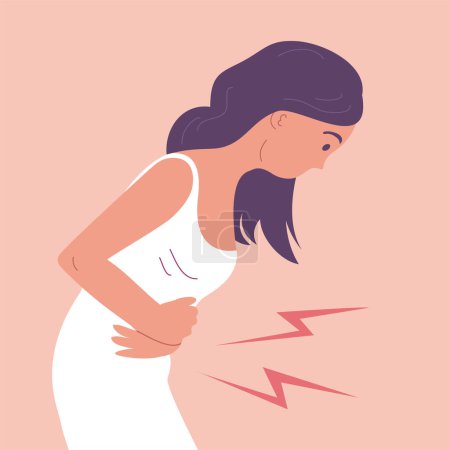 Illustration for A young woman suffers from abdominal pain. Bent posture. Symptom of acute gastritis, diarrhea. Disease of the gastrointestinal tract. Flat vector illustration - Royalty Free Image