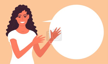 Illustration for Young beautiful woman consultant talks and gesticulates. Talking bubble. A welcoming smile on your face. Makes a speech. Business girl. Flat vector illustration. Background with empty space for text - Royalty Free Image