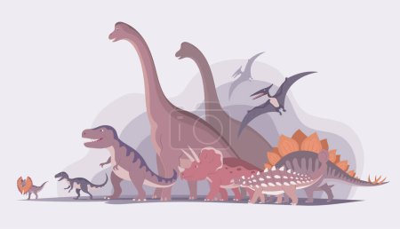 Gruppe von Dinosauriern. T-Rex, Brachiosaurus, Flugsaurier, Stegosaurus und Triceratops. Jurazeit. Kinderspielzeug, Attraktion und Freizeitpark. Zeichentrickvektorillustration