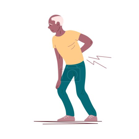 Ilustración de Viejo afroamericano con dolor de espalda. Síntoma de la enfermedad. Cuidado corporal y salud. Ilustración vectorial plana aislada sobre fondo blanco - Imagen libre de derechos