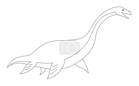 Illustration for Prehistoric underwater dinosaur plesiosaurus with fins. Predatory sea lizard. Long neck. Scary jaws with teeth. Wildlife of the Jurassic period. Vector black and white outline illustration - Royalty Free Image