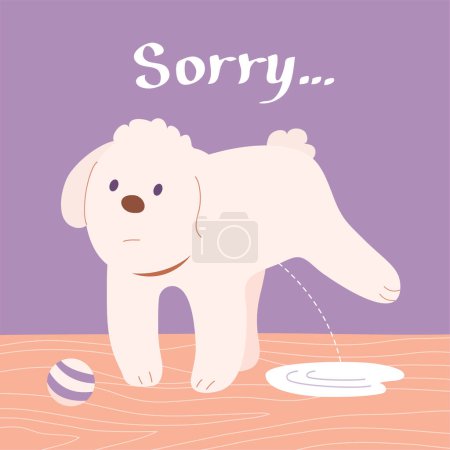 Illustration for Little cute home dog pissing on the floor. Puddle of urine at home. Bad thing. Friendly funny pet. Text sorry. Flat vector illustration - Royalty Free Image