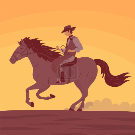 Illustration for Cowboy man in a hat rides a horse. Desert and hot sunset. Wild West, western, rodeo and horse racing. Cartoon vector illustration - Royalty Free Image
