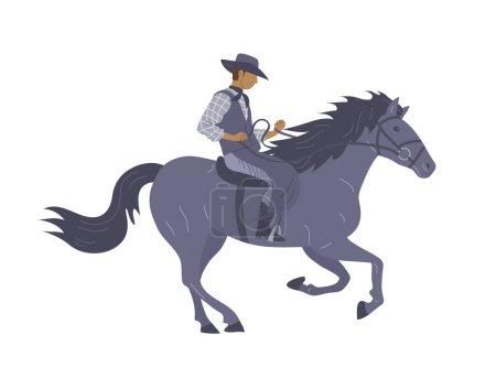 Illustration for Cowboy man in a hat rides a horse. Wild West, western, rodeo and horse racing. Cartoon vector illustration isolated on white background - Royalty Free Image