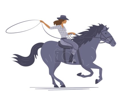 Illustration for A cowboy girl rides a horse on white background - Royalty Free Image