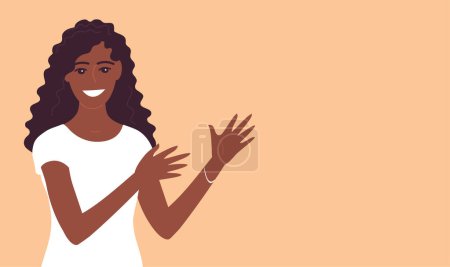 Illustration for Young beautiful woman consultant talks and gesticulates. African american girl. A welcoming smile on your face. Makes a speech. Flat vector illustration. Background with empty space for text - Royalty Free Image