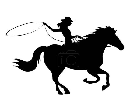 Illustration for Beautiful cowboy girl in a hat rides a horse. Athletic agile woman swinging rope lasso. Wild West, western, rodeo and horse racing. Vector illustration isolated on white background. Black silhouette - Royalty Free Image