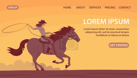 Illustration for Beautiful cowboy girl in a hat rides a horse. Athletic agile woman swinging rope lasso. Wild West, western, rodeo and horse racing. Design for poster, banner, website. Cartoon vector illustration - Royalty Free Image