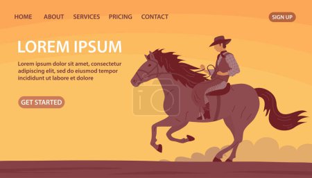 Illustration for Cowboy in a hat rides a horse. Agile man swinging rope lasso. Wild West, western, rodeo and horse racing. Design for poster, banner, website. Cartoon vector illustration - Royalty Free Image