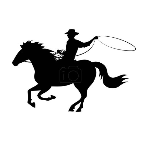 Illustration for Cowboy man in a hat rides a horse. Black silhouette. Swinging rope lasso. Wild West landscape, western, rodeo and horse racing. Cartoon vector illustration - Royalty Free Image
