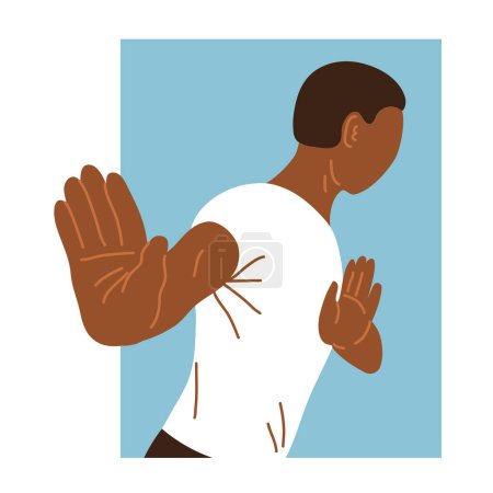 Illustration for Young man resolutely refuses. African american. Stop hand gesture. Hate, reject and respond. Human negative emotion. Cartoon vector isolated illustration - Royalty Free Image