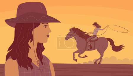 Illustration for Beautiful cowboy girl in a hat rides a horse. Athletic agile woman swinging rope lasso. Young women. Wild West landscape, western, rodeo and horse racing. Cartoon vector illustration - Royalty Free Image