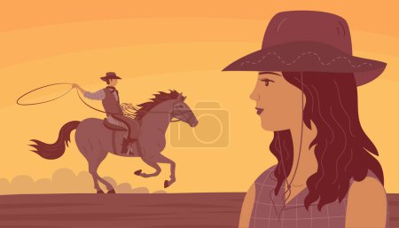 Illustration for Cowboy girl and man in a hat rides a horse. Desert and hot sunset. Swinging rope lasso. Wild West landscape, western, rodeo and horse racing. Cartoon vector illustration - Royalty Free Image